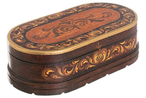 Novica Joyero De Madera Con Diseño Floral Ovalado, Reminis.