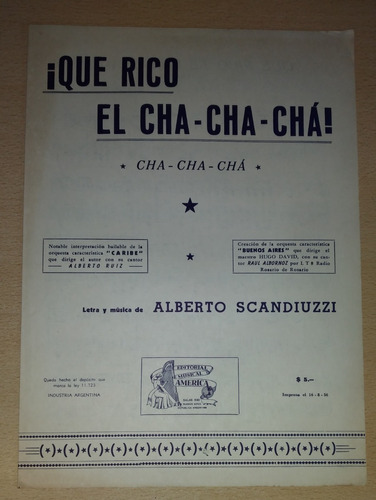 Partitura Que Rico El Cha Cha Chá Alberto Scandiuzzi 1956