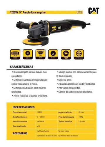 Imagen 5 de 5 de Amoladora Angular Caterpillar Dx36 1200w 125mm