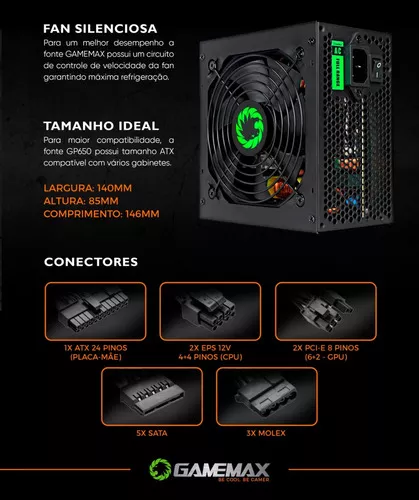 Fonte Gamemax, 600W, 80 Plus White, PFC Ativo, Bivolt, Preto - GS600 FONTE  CUSTO BENEFICIO 