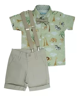 Safari Roupa Festa Mickey Safári Verde Menino Conjunto Social Camisa Temática, Bermuda Com Suspensório Infantil 