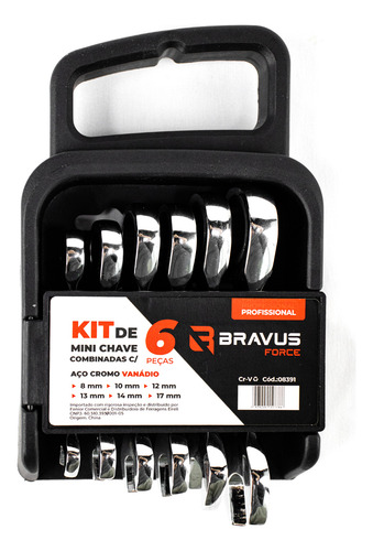 Jogo De Mini Chaves Combinadas 6 Peças 8 À 17mm Cromo Vanadio Bravus Force