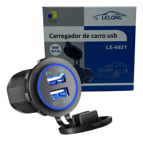 Tomada Carregador Usb Veicular Carro 2 Saídas 1.0a E 2.1a Cor Azul