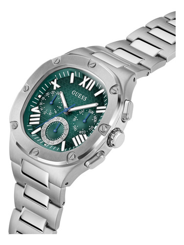 Reloj Headline Hombre Caballero Guess Correa Plateado Bisel Plateado Fondo Verde