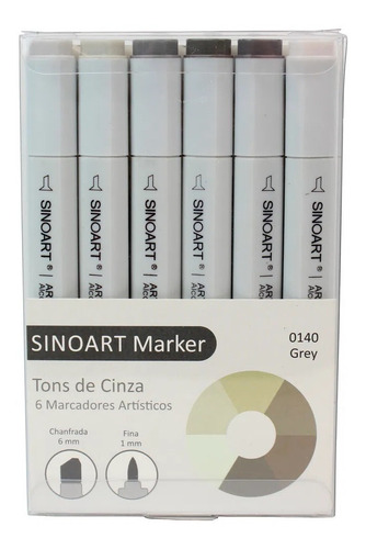 Caneta Sinoart Marcador 2 Pontas Tons De Cinza C/6 Cores