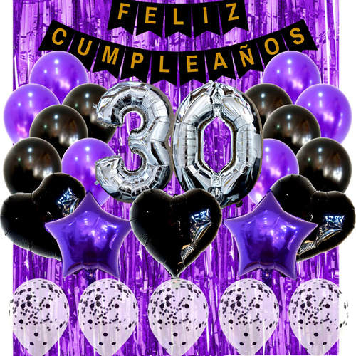 Combo Globos Kit Deco Fiesta Feliz Cumple 27 Artículos Violeta Y Negro Deco Fiesta