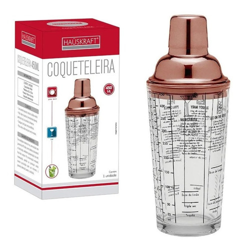 Coqueteleira Vidro Inox 450ml Drinks Caipirinha Com Receitas Cor Rose gold