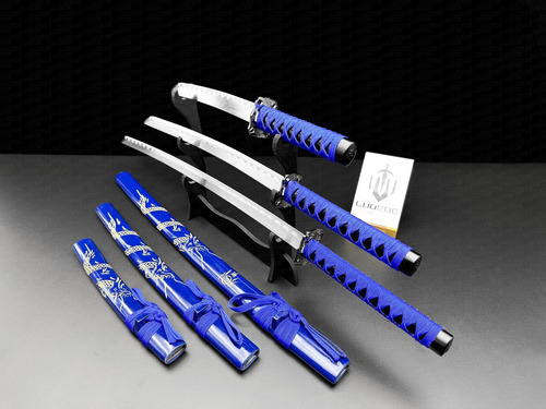 Set 3 Katanas Wakizashi Tanto Samurai Acero Espada Con Base Color Azul