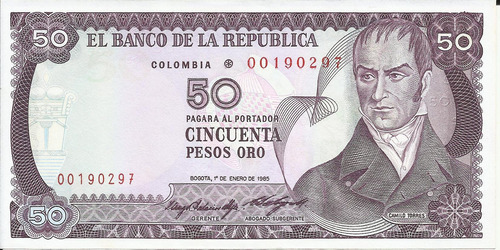 Colombia Reposición 50 Pesos Oro 1 Enero 1985