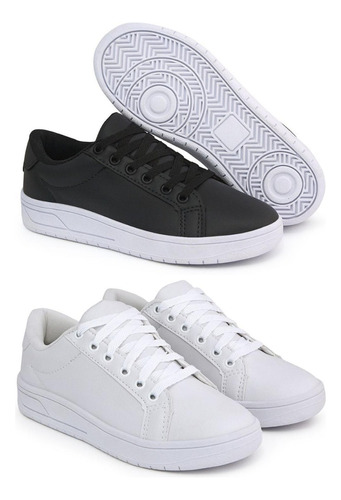 Kit 2 Pares Tenis Feminino Branco Preto Casual Sapatenismoda