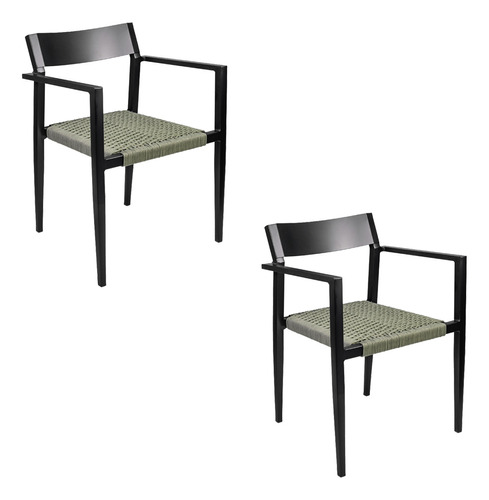 Kit 2 Cadeiras Externa Corda Naútica Alumínio Preto/verde