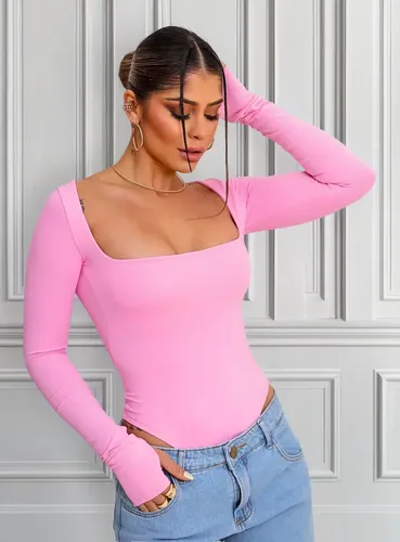 Body Manga Longa Decote Quadrado Poliamida Moda Gringa Noite
