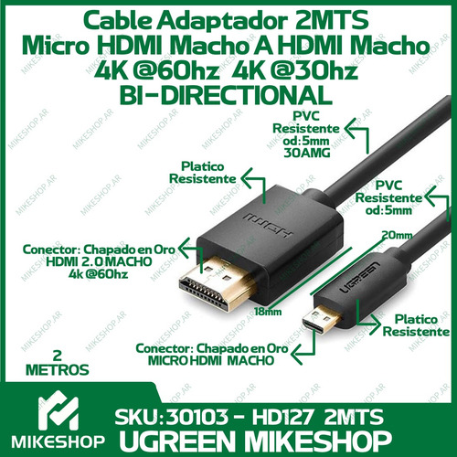 Cabo Micro Hdmi para HDMI Ugreen 4k 60hz 2m