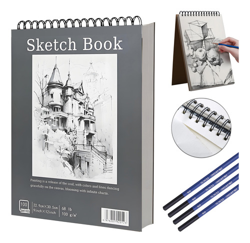 Cuaderno A4 Boceto Y Dibujo 200 Páginas Con 4 Lápices Hb