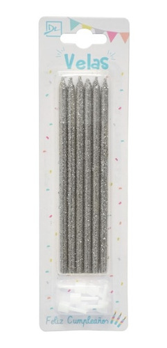 24 Velas Glitter Con Soporte - Color Plata - 14cm