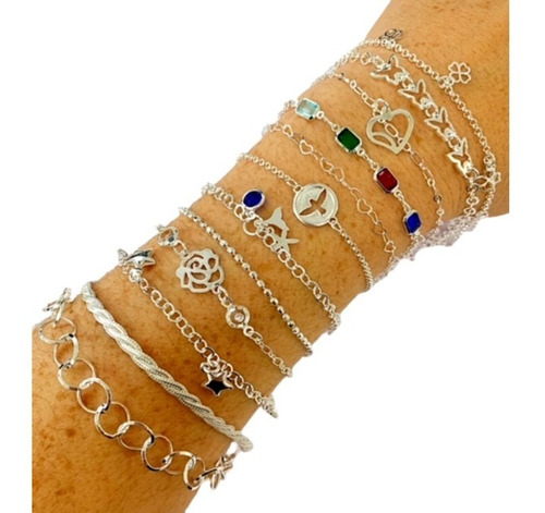 Kit Com 12 Pulseiras Feminina Folheadas A Prata