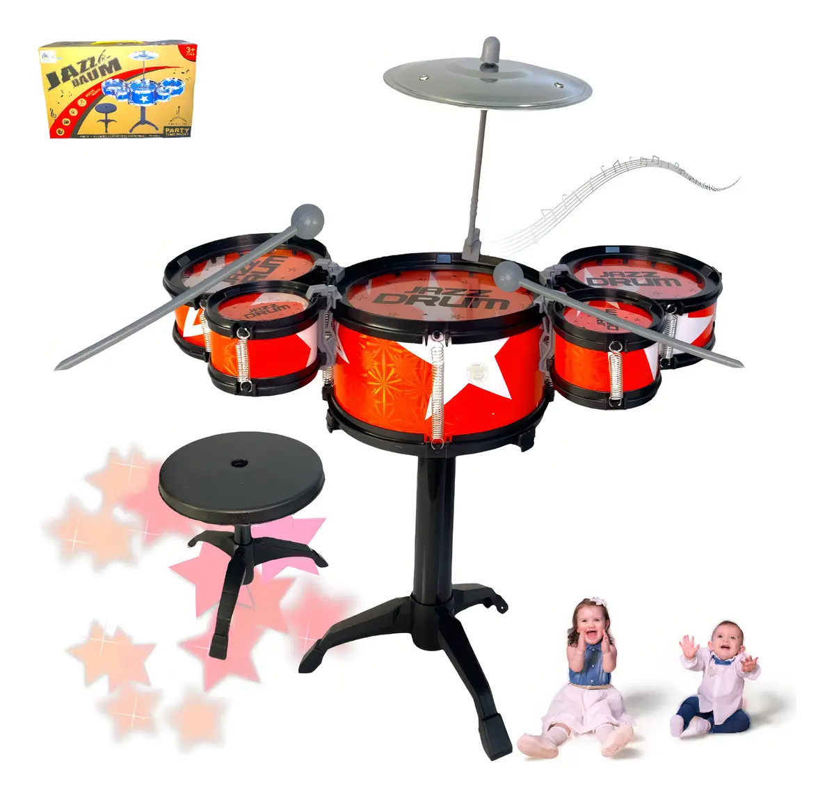Mini Bateria Banquinho Instrumento Infantil Menino Presente Cor Laranja