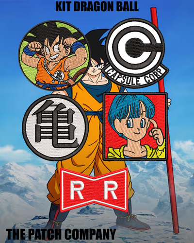 Kit Pack Set 5 Parches Bordados Dragon Ball Goku Bulma Anime Negro Bordado