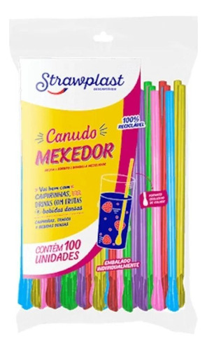 Kit 200 Canudo Colher Mexedor Colorido Strawplast