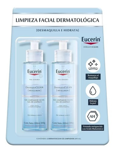 2 Geles Limpiadores Faciales Eucerin Dermatoclean De 200 Ml Tipo de piel Todo tipo de piel