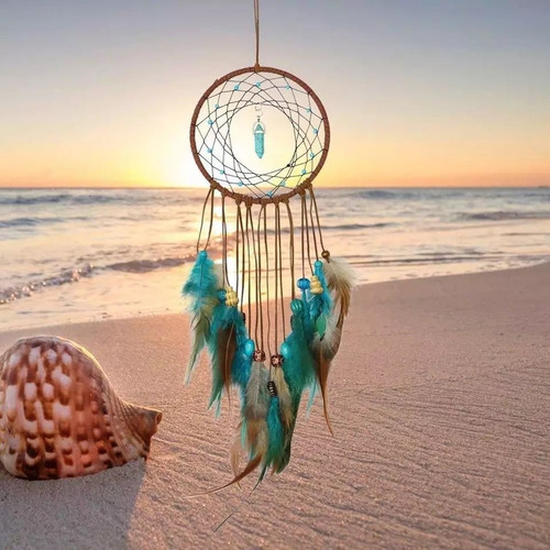 Atrapa Sueños Con Luz Led Plumas Decoración Hogar Turquesa