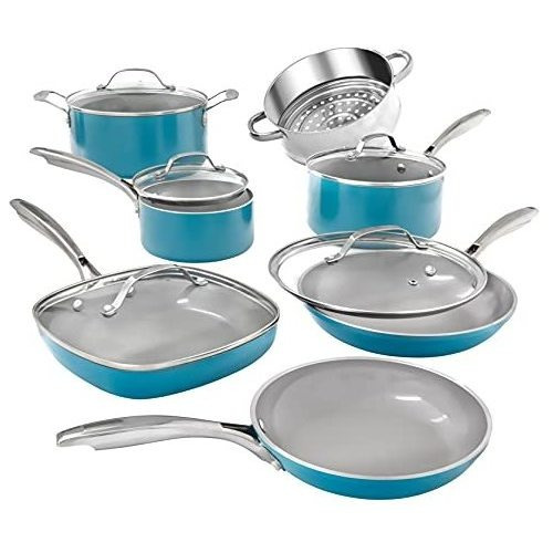 Bateria Para Cocina Con Revestimiento Antiadherente 12 Pzas Azul Claro