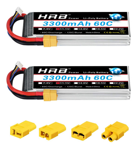 Hrb 2 Bateras Lipo 3s 11.1v 3300mah 60c Xt60 Rc Lipo Batera