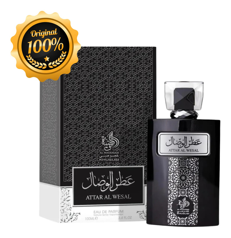 Frasco de perfume Al Wataniah Attar Al Wasal ao lado de sua caixa preta decorada com padrões geométricos e selo de originalidade 100%.