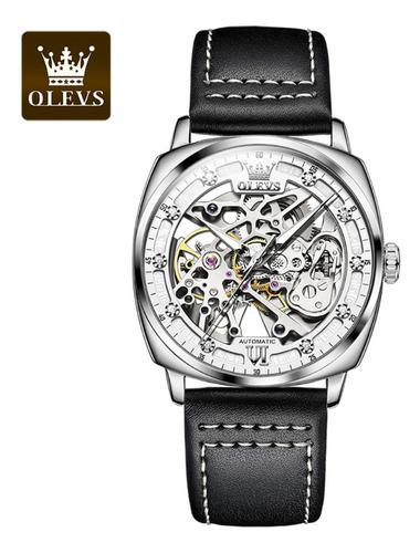 Olevs Leather Hollow Out Reloj Mecánico Para Hombre Color Del Bisel Silver White
