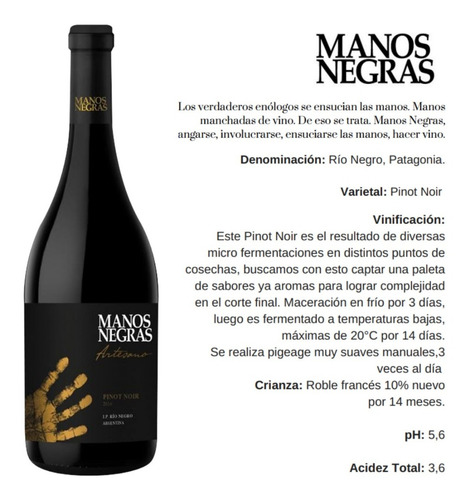 Imagen 2 de 10 de Vino Manos Negras Artesano Pinot Noir Caja X 6 X 750ml.
