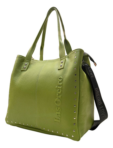 Cartera Tote Las Oreiro Xl Cuero Vacuno Interior Forrado Color Verde Diseño De La Tela Liso