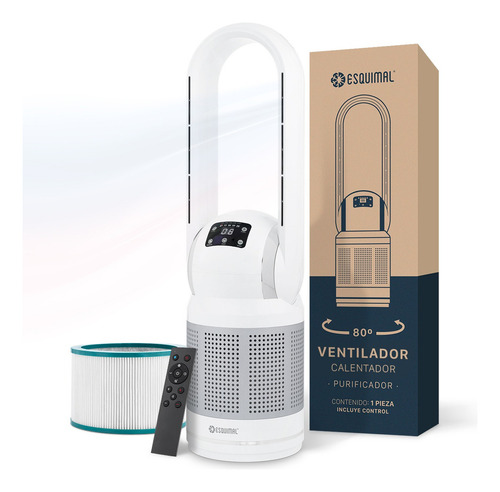 Ventilador Purificador Calentador 3 En 1 Esquimal, 8 Velocidades, 3 Niveles De Calefacción, Temporizador (Mediano, Plateado - Blanco)