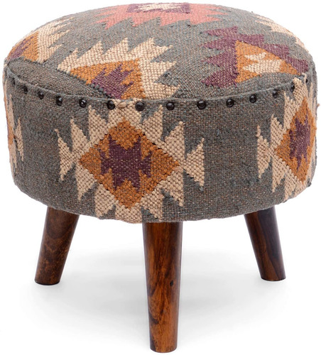 Taburete Kilim De Madera De Tamaño Pequeño Con Acabad...