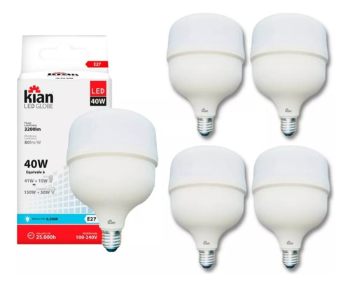 Kit 5 Lâmpadas Led 40w Bulbo E27 6500k Branco Frio Kian