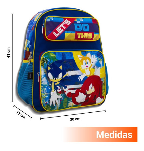 Imagen 2 de 8 de Mochila Escolar Infantil Sonic Triple Compartimiento Amplia