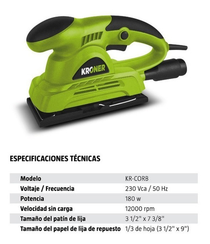 Imagen 4 de 8 de Lijadora Orbital Kroner 12000 Opm 180 Watts Uso Profesional