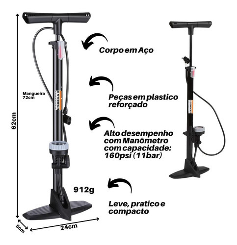 Bomba Manual Pneu Bike Oficina Chão Calibrar Com Manômetro