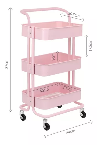 Carrito Organizador Metalico 3 Niveles Multiusos Con Ruedas Color Rosa