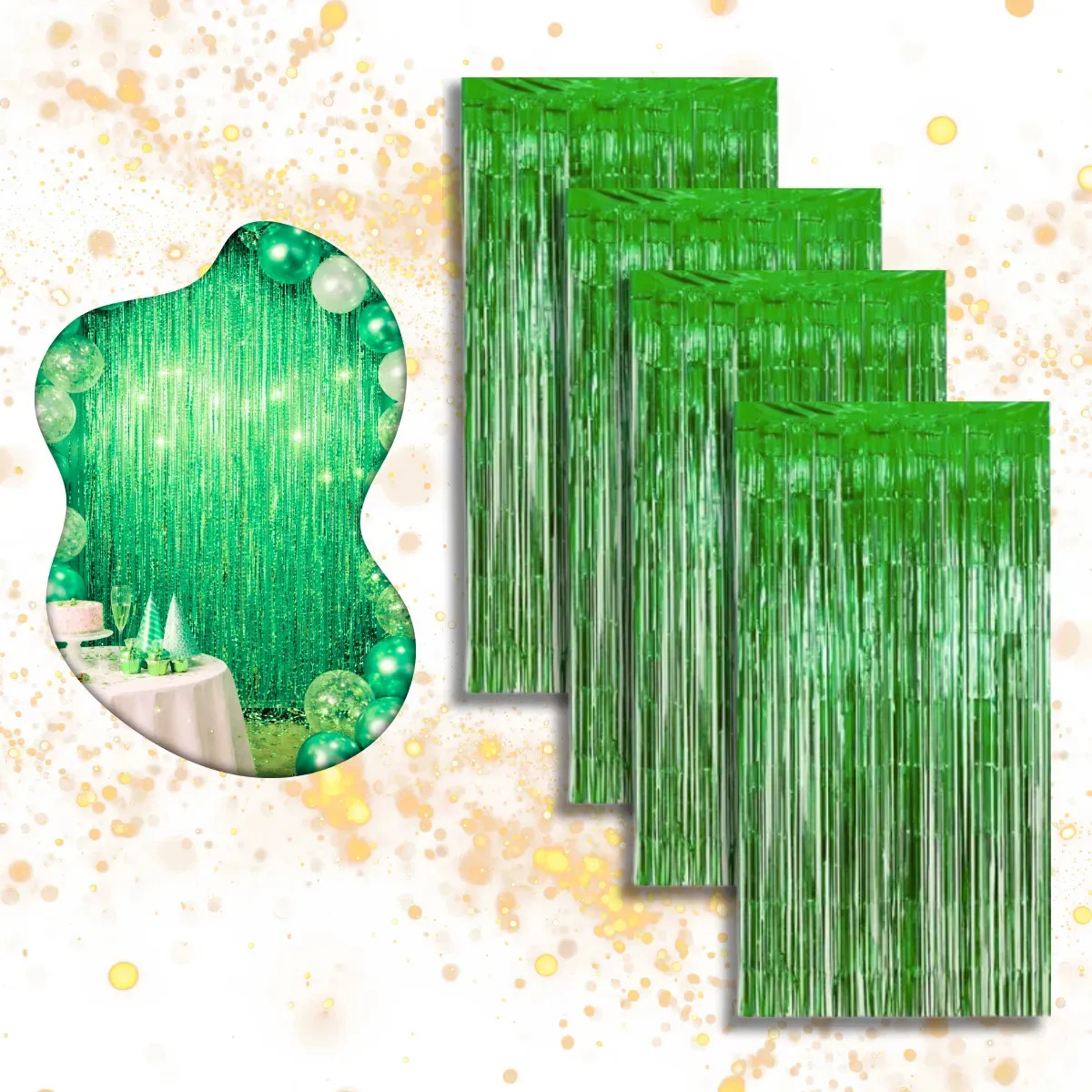 Kit 4 Cortina Metalizada Festa Fita Decoração Painel Franja Verde