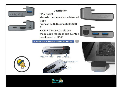 Imagen 5 de 10 de Adaptador Hub Usb-c Multifuncional Con Soporte Baseus 9 En 1