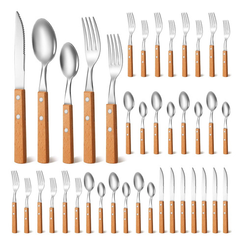 40 Piezas Mango De Madera Cubiertos De Plata Conjunto Mango