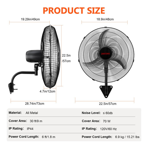 Ventilador De Pared Zmrtdwo, 50 Cm, Oscilante, 3 Velocidades