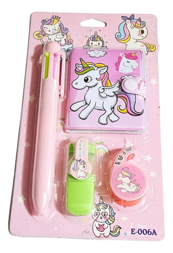 Set Lapiz+libretita+cinta Adhesiva+destacador,unicornio 