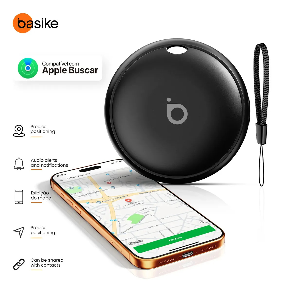 Mini Localizador Rastreador Basike para iPhone Com Apple Find My e Alarme Sonoro