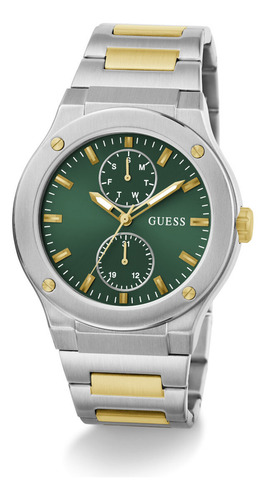 Reloj Guess Jet Gw0793g3 Hombre Acero Plateado Analógico Correa Bitono Fondo Verde
