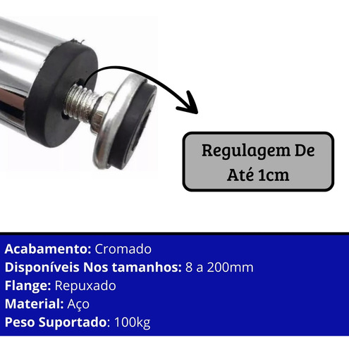 Kit 4 Pé 8cm Cromado Regulável Para Móveis, Armário, Cozinha