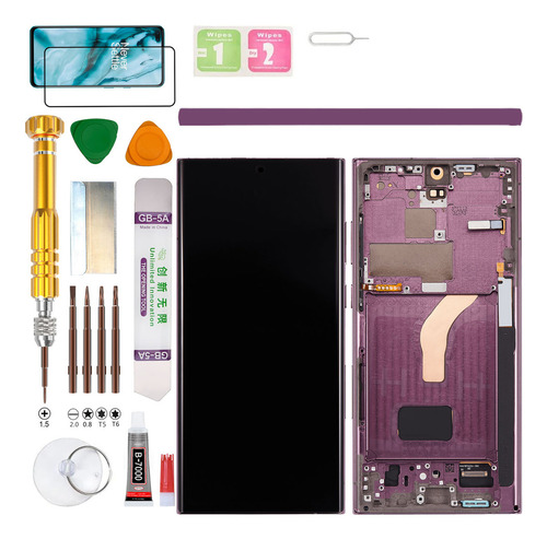 (morado) Macro+Pantalla Para Samsung Galaxy S22 Ultra 5G SM-S908B, S908B/DS, S908U, S908U1, S908W, S908E, S908E/DS Gadget Troops (incell Sin Huella Dactilar)