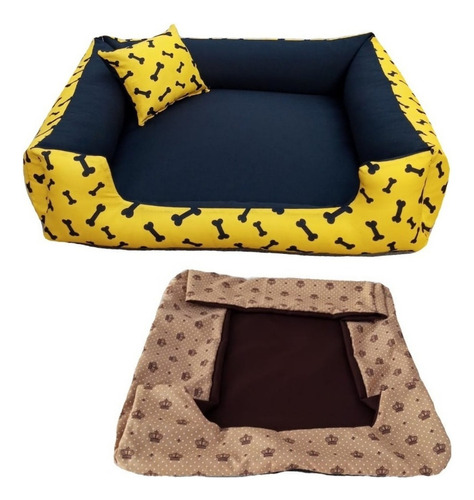 Cama P Para Pets Caminha Cachorro Pequeno 50x50 + Capa Extra Cor Cama Amarela + Capa Marrom