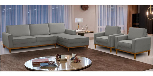 Sofá 3 Lug 2,60m Com Chaise E 2 Poltronas Living Linho Cinza