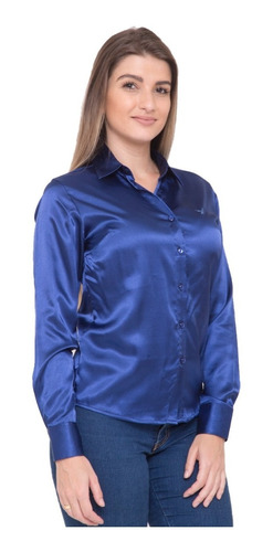 Camisa Social Azul Feminina Cetim C/ Elastano Pimenta Rosada